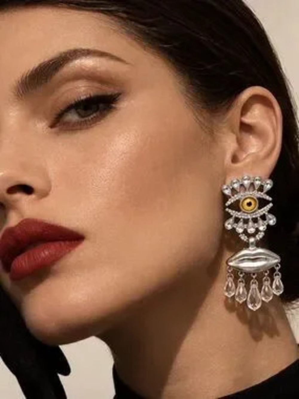 Surreal Eye Motif Crystal Earrings with Sculptural Lips